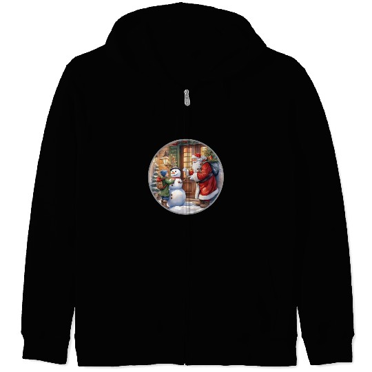 Santa Claus and a snowman distributes gifts. Zip Hoodies