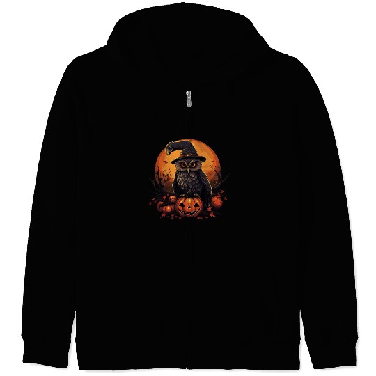 Whimsical Owl in Witch Hat Halloween Zip Hoodies