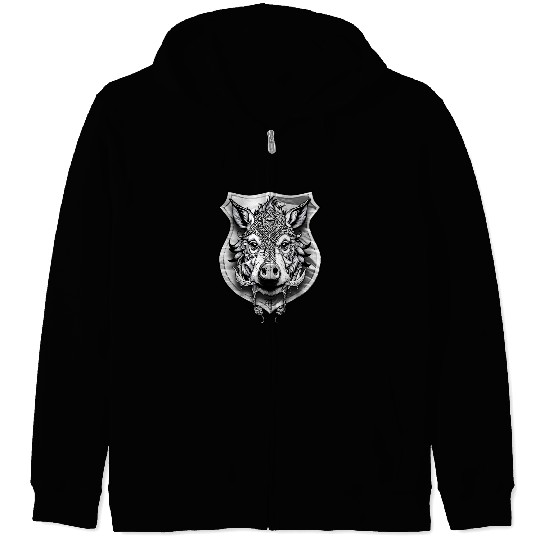 shield with wild boar head - DIGITAL - grayscale Zip Hoodies