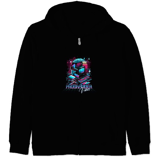 Retro Neon Programmer Vibes 90s Zip Hoodies