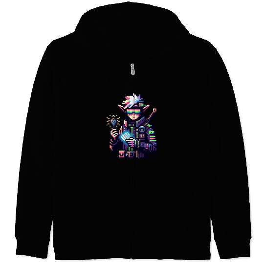 Cyberpunk Elf Neon-Lit Goggles and Digital Key Zip Hoodies