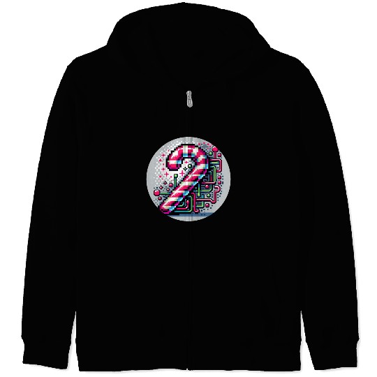 Neon Cyberpunk Candy Cane 8-Bit Pixel Christmas Zip Hoodies