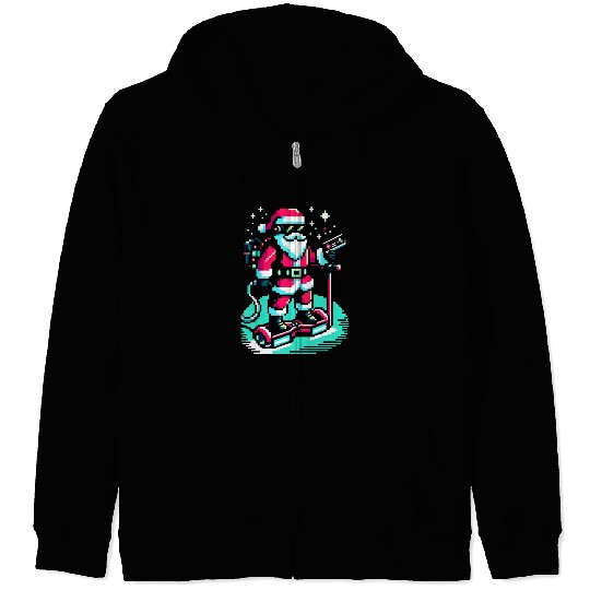 Witty 8-Bit Cyberpunk Santa Zip Hoodies