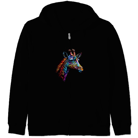 Giraffe Enveloped in Vibrant Neon Patterns Zip Hoodies
