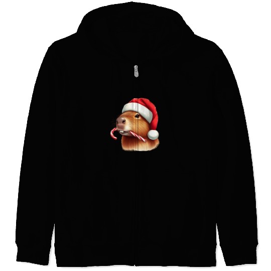 Festive capybara with candy cane Zip Hoodies