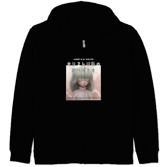 Christian Manga with Kanjis - Christ is My Shelter Zip Hoodies