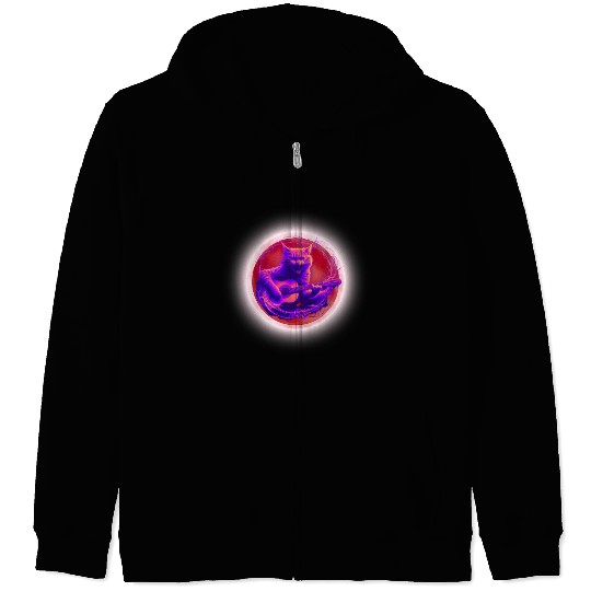 Rock Cat Playing Guitar Zip Hoodies under the red moon