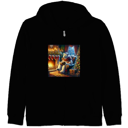 Winter Tales-Merry Cozy Bear Reading by Fireplace Zip Hoodies