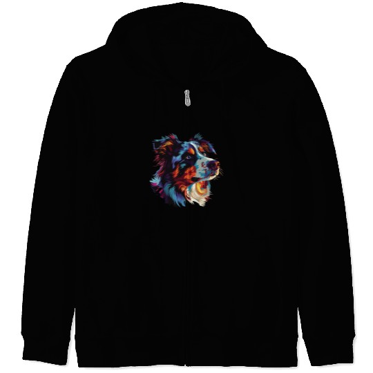 Watercolor Colorful Australian Shepherd Zip Hoodies