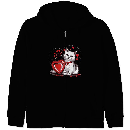 Valentines Day White Cat With Red Heart Box Zip Hoodies