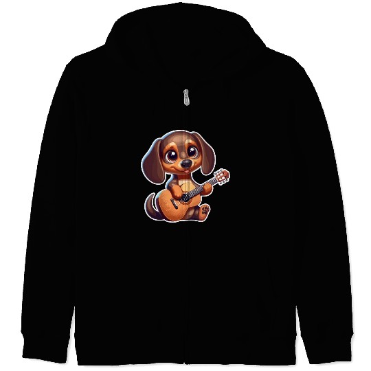 Cute Dachshund playing Guitar Zip Hoodies