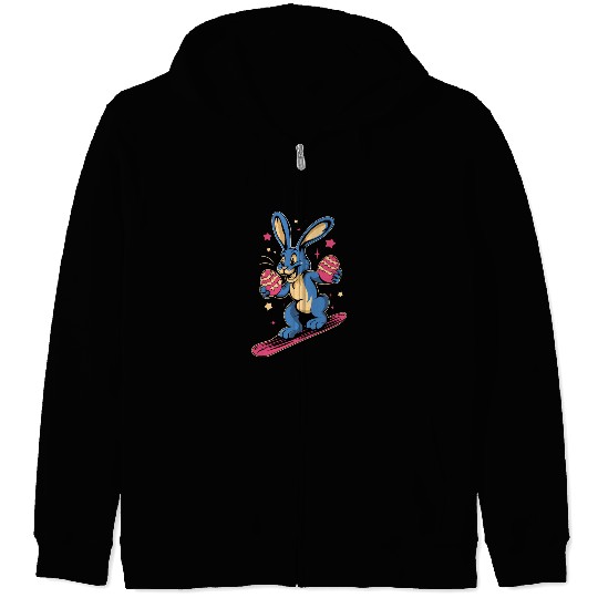 Easter Bunny on a snowboard with Easter eggs Zip Hoodies