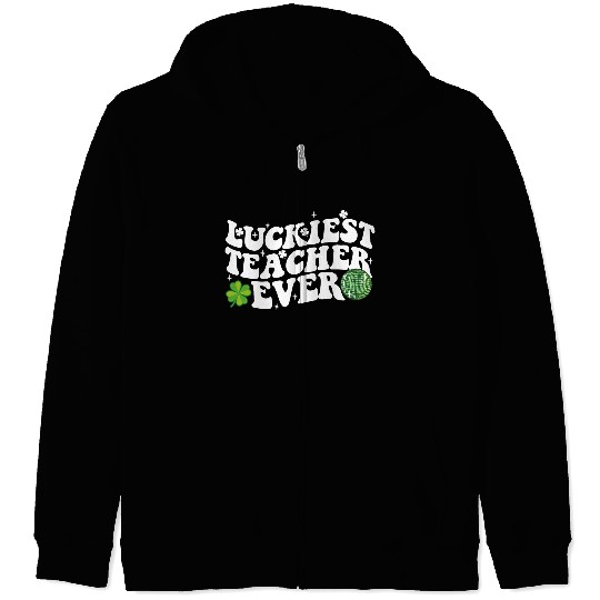 Luckiest Teacher Ever Disco Ball Shamrock Groovy Zip Hoodies