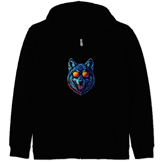 Cool Wolf Face Blue Wolf Wearing Sunglasses Zip Hoodies