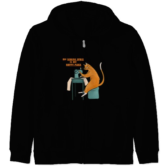 Retro Ginger Cat Using Sewing Machine - Vintage Zip Hoodies