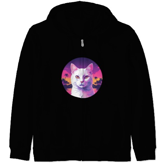 Synthwave White Cat 2 Zip Hoodies