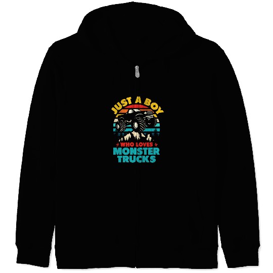 Just A Boy Who Loves Monster Trucks Toddler Kids Zip Hoodies