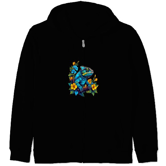 Chameleon Sitting on Branch Surrounded by Flowers Zip Hoodies