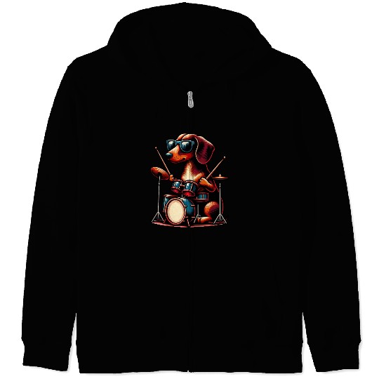 Dachshund Drummer Wiener Dog Design Zip Hoodies
