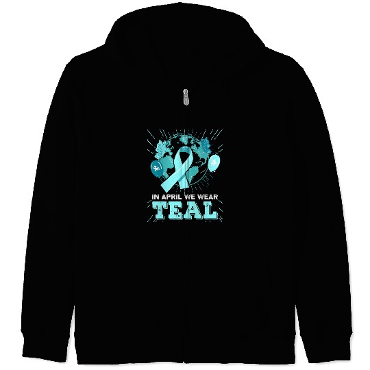 Sexual Assault Awareness Teal Ribbon With Cat Zip Hoodies