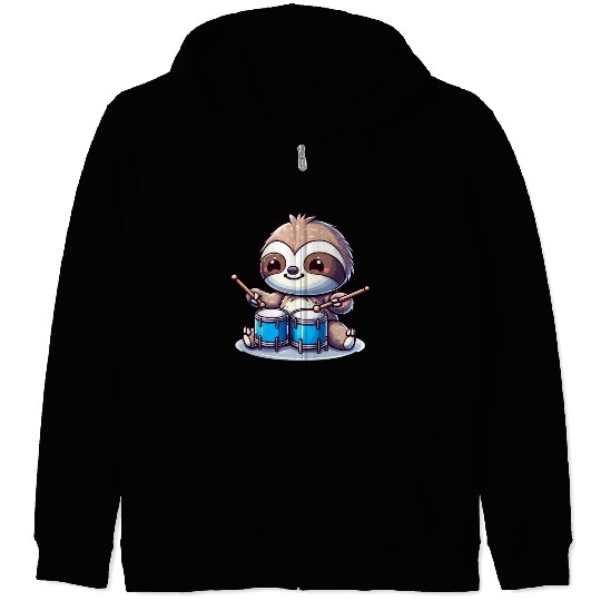 Cool Sloth Drummer Lazy Vibes Design Zip Hoodies