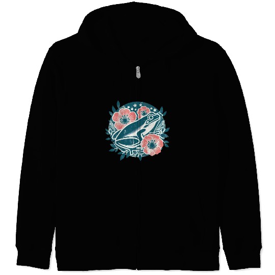 Vintage Frog and Flowers Amphibian Love in Nature Zip Hoodies