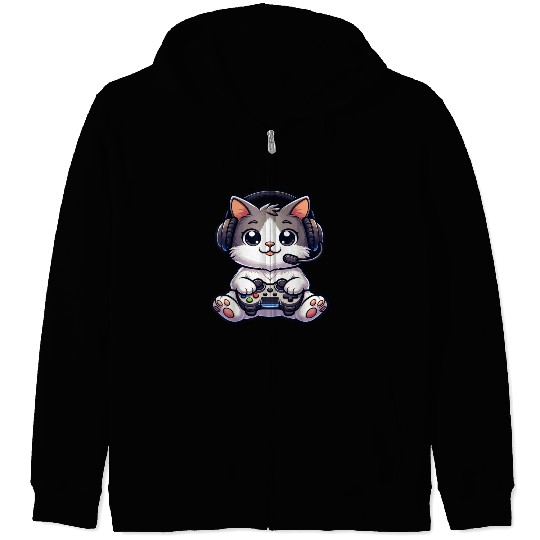 Cute Gaming Cat Playing Console Video Game Zip Hoodies