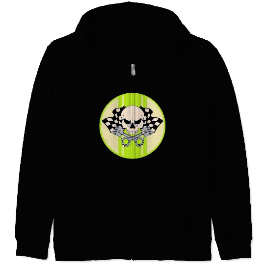 Light green racing stripe with skull and pistons Zip Hoodies