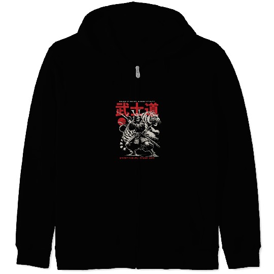 Japanese Samurai with Katana, Kanji Typography Zip Hoodies
