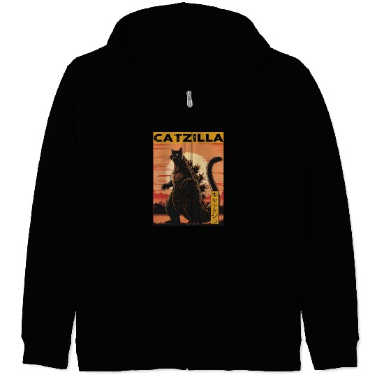 Catzilla Vintage Funny Cute Cat Art Japanese Sunse Zip Hoodies