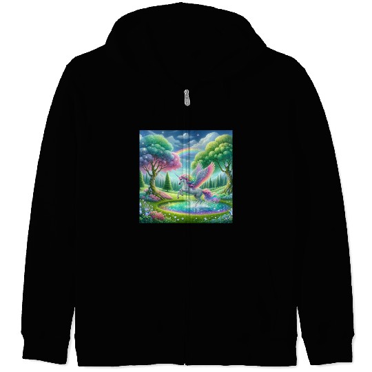 Enchanted Rainbow Unicorn Over Sparkling Pond Zip Hoodies