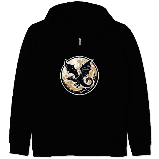 Mystical Dragon Silhouette Against Full Moon Zip Hoodies