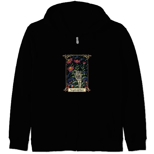 September Gothic Tarot Card - Aster Flower & Skele Zip Hoodies