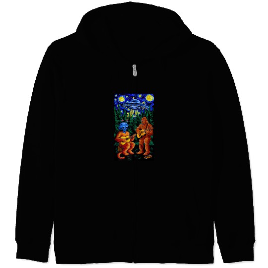 UFO Bigfoot Sasquatch Camping Playing Zip Hoodies