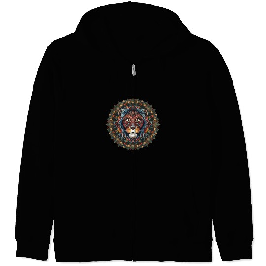 Vibrant Lion Mandala Inspired Artistic Symmetry Zip Hoodies