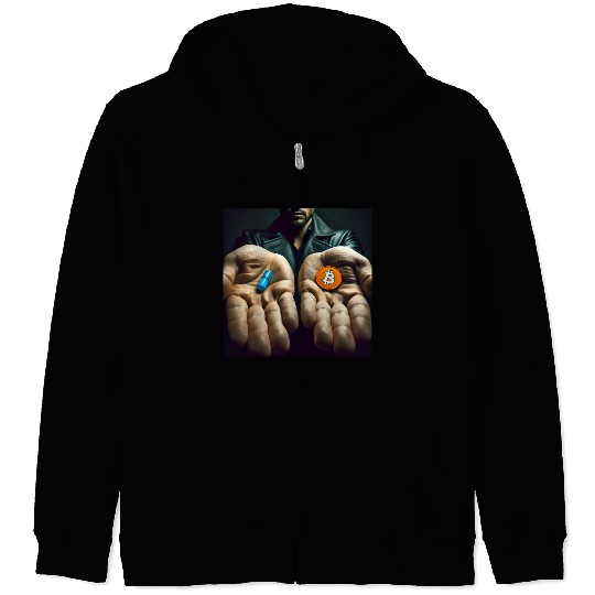 Bitcoin BTC Cryptocurrency Orange Pill Blue Pill Zip Hoodies