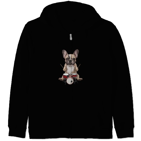 Frenchie Playing Drums Realistic Zip Hoodies