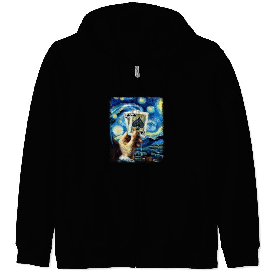 Blackjack Gambling Cards Starry Night Painting Zip Hoodies