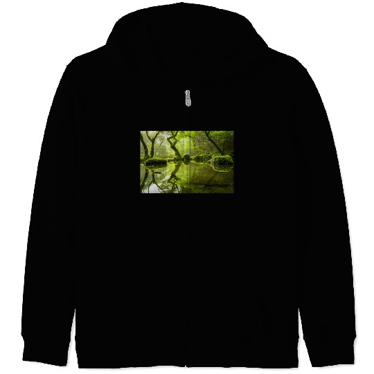 Enchanted Forest Reflections in Tranquil Pond Zip Hoodies