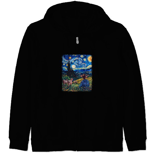 Cow Farmer Farming Farm Starry Night Painting Zip Hoodies