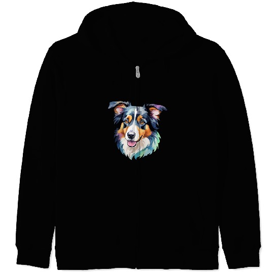 Border Collie Watercolor Zip Hoodies