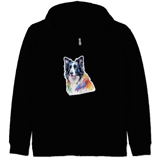 Border Collie Watercolor Zip Hoodies