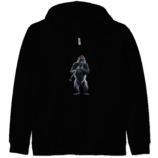 Gorilla Playing Clarinet Realistic Zip Hoodies
