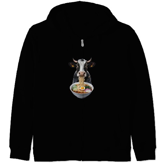 Cow Eating Ramen Realistic Zip Hoodies