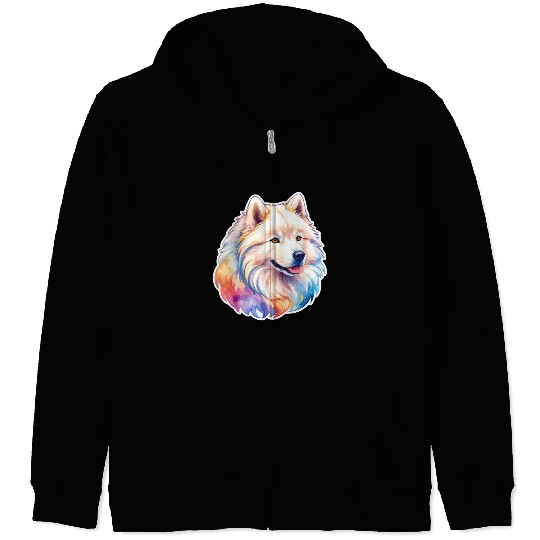 Samoyed Dog Watercolor Zip Hoodies