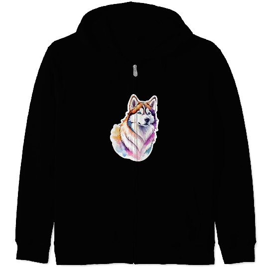 Siberian Husky Watercolor Zip Hoodies