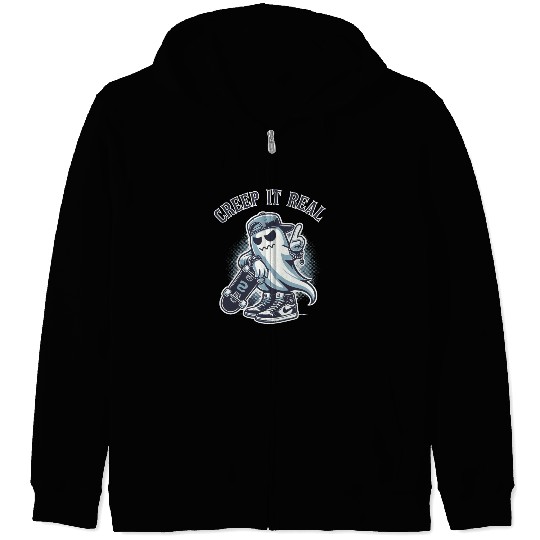 Cool Halloween Ghost with Skateboard Creep It Real Zip Hoodies