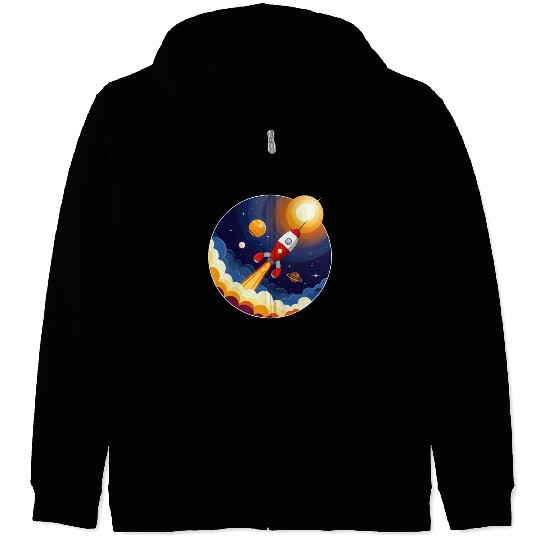 Colourful image of a rocket flying through space Zip Hoodies