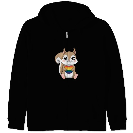 Cute Squirrel Holding Rainbow Heart LGTBQ Love Zip Hoodies