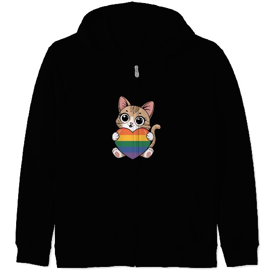 Cute Cat Holding Rainbow Heart LGTBQ Zip Hoodies
